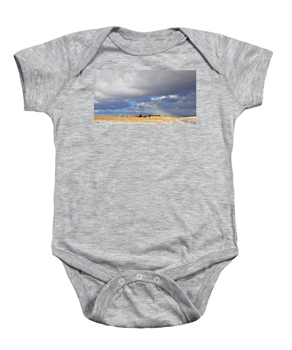 Farm Baby Onesie featuring the photograph First Snow On Storybook Farm by Theresa Tahara