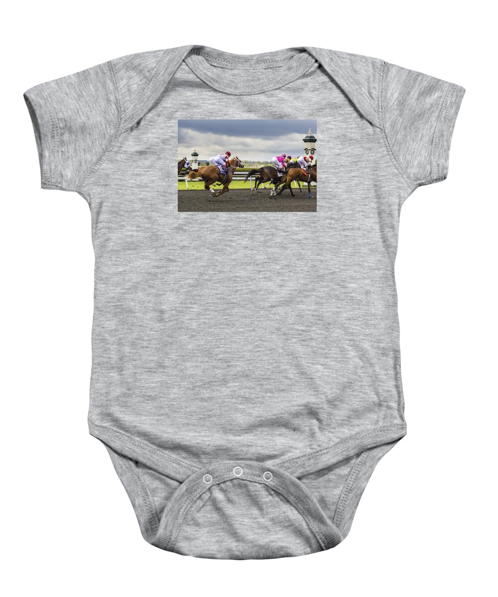 Action Baby Onesie featuring the photograph First Turn by Jack R Perry