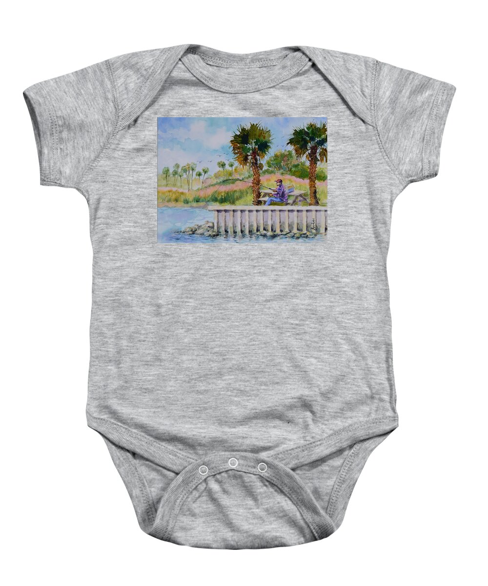 River Baby Onesie featuring the painting Fishing on the Peir by Jyotika Shroff