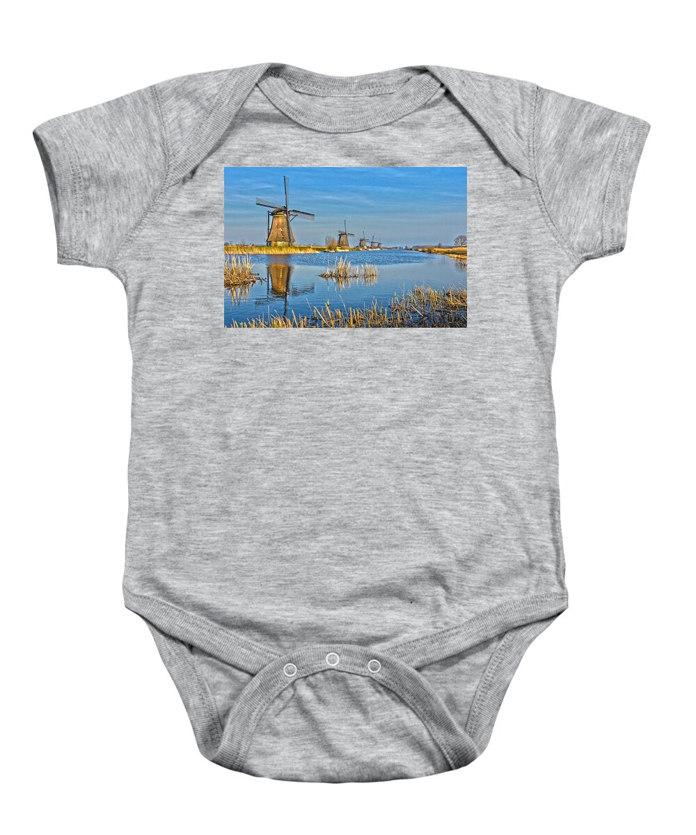 Windmill Baby Onesie featuring the photograph Five Windmills At Kinderdijk by Frans Blok