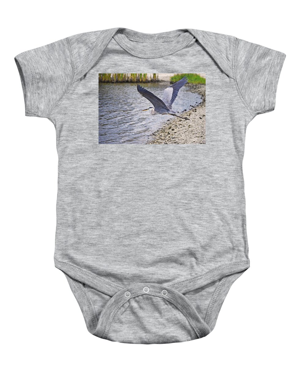 Heron Baby Onesie featuring the photograph Flight of the Heron by DigiArt Diaries by Vicky B Fuller