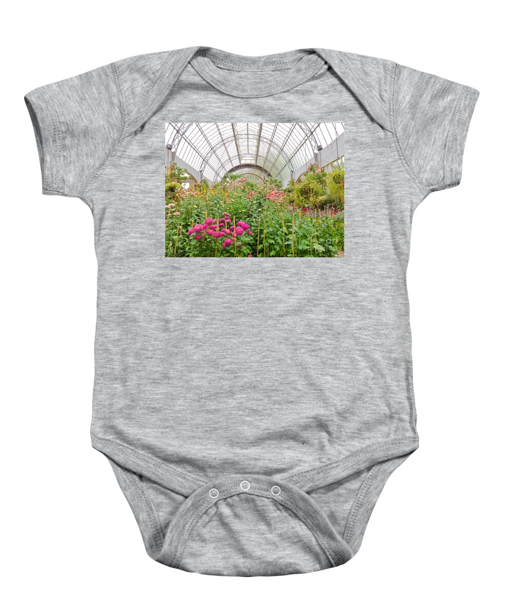 Agriculture Baby Onesie featuring the photograph Flowers growing in glass hothouse of garden center by Stephan Pietzko