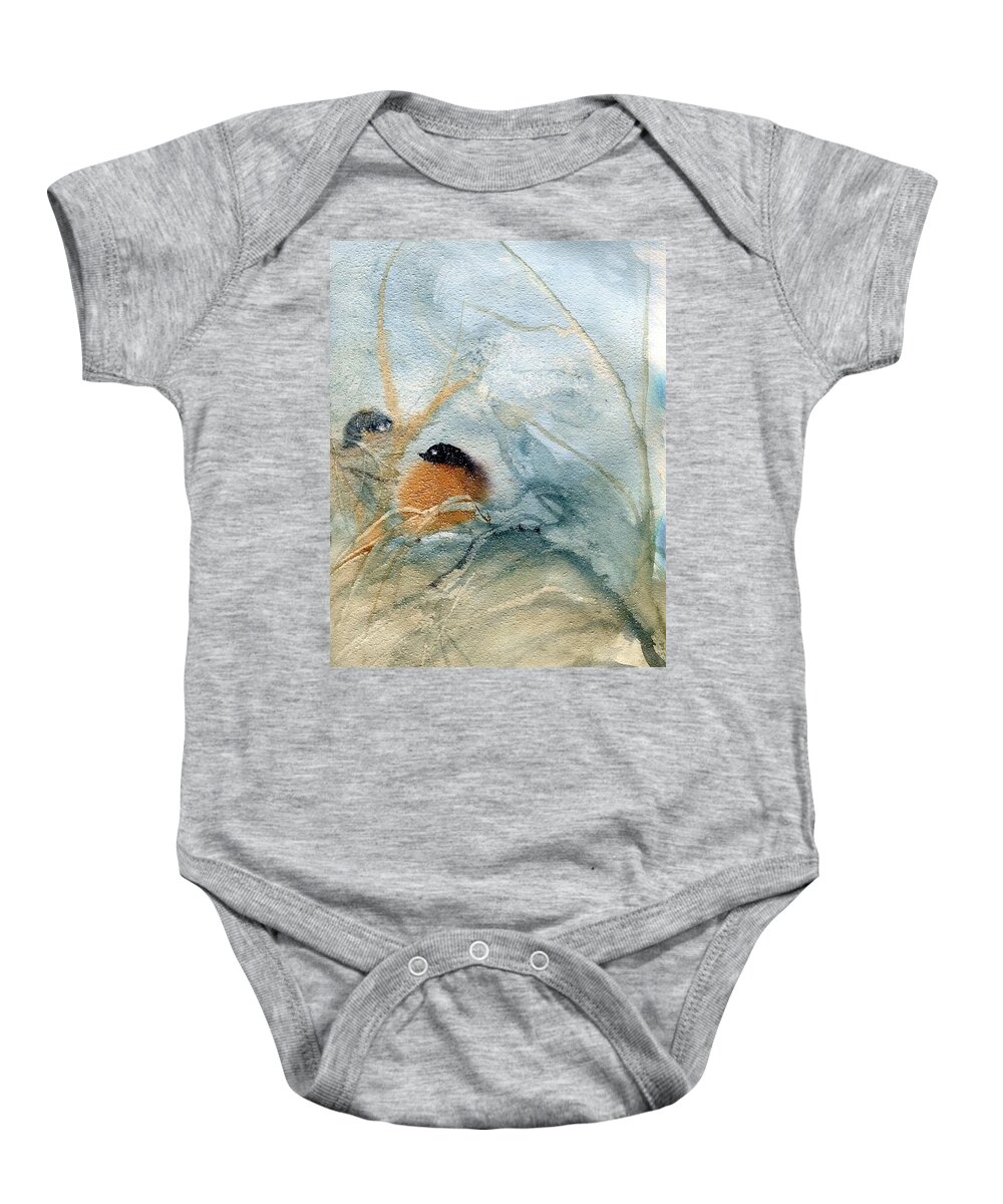 Whimsical Spring Scene Where Two Friends Meet. Baby Bird And Worm. Baby Onesie featuring the painting Friends by Ruben Carrillo