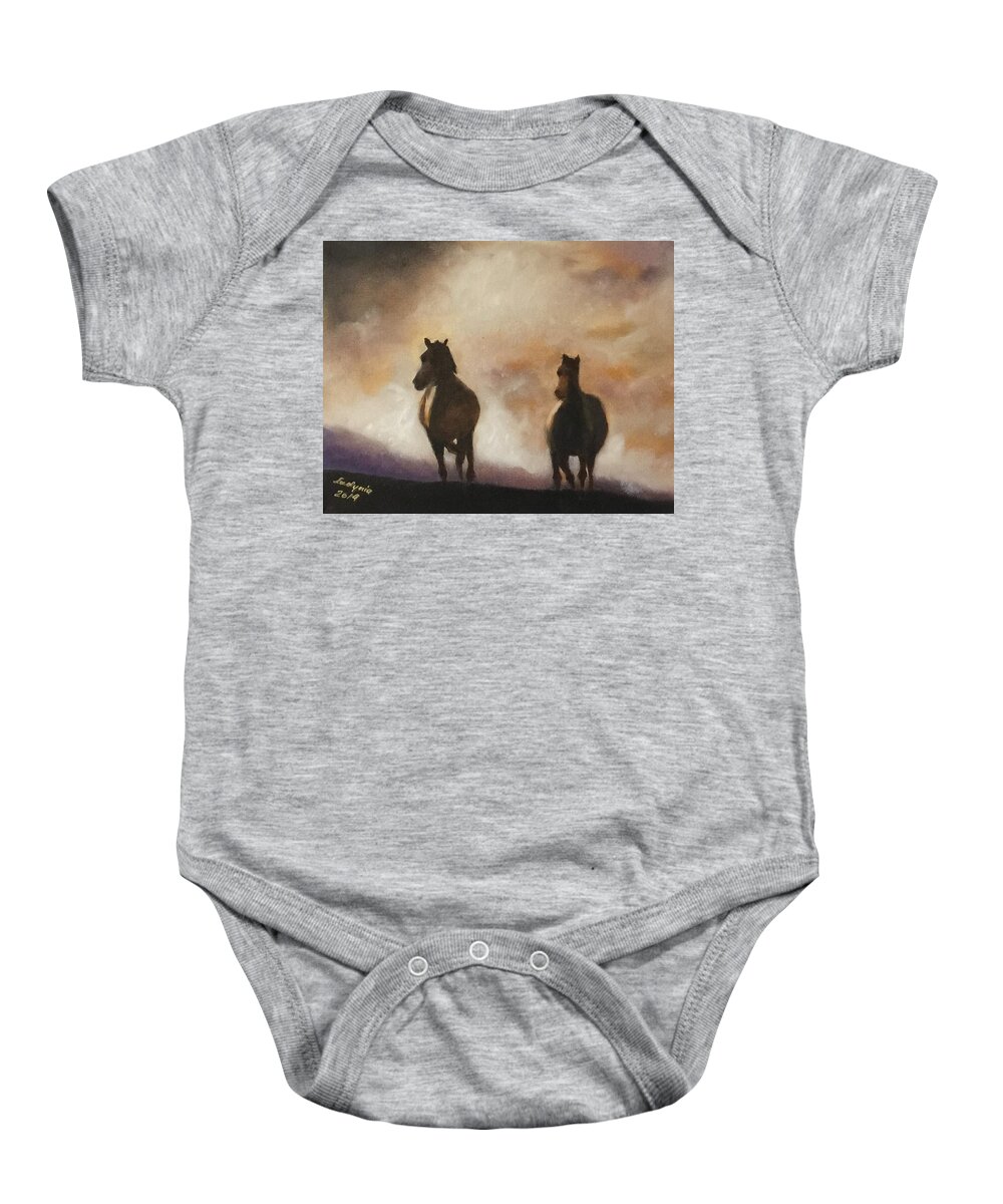 Art Baby Onesie featuring the painting Galloping Horss by Ryszard Ludynia