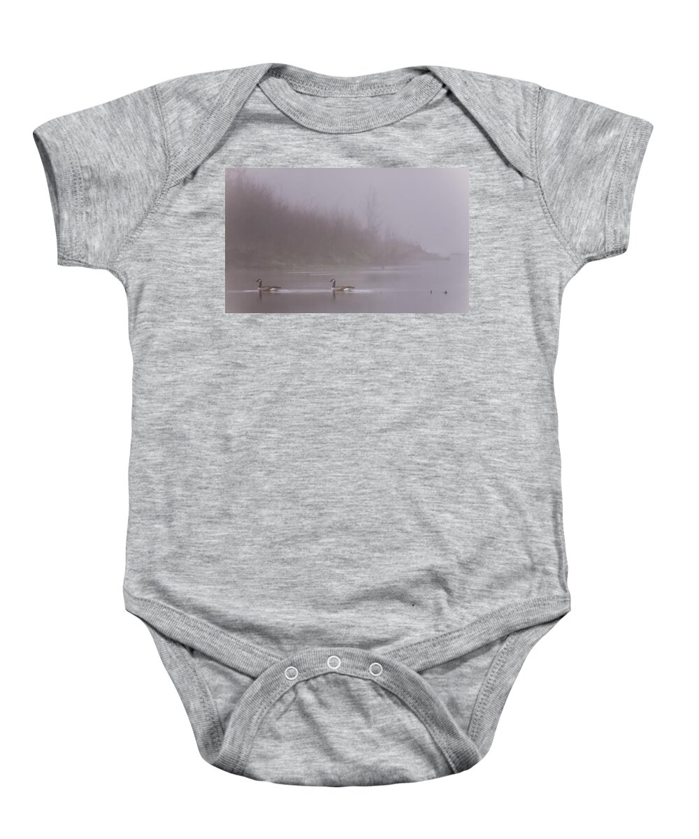 Mark Robert Bein Baby Onesie featuring the photograph Geese On The Foggy Stanislaus by Mark Robert Bein