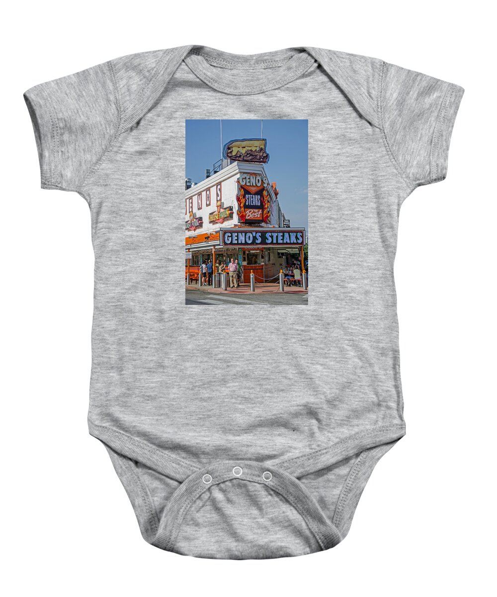 Geno's Steaks Baby Onesie featuring the photograph Geno's Steaks by Susan McMenamin