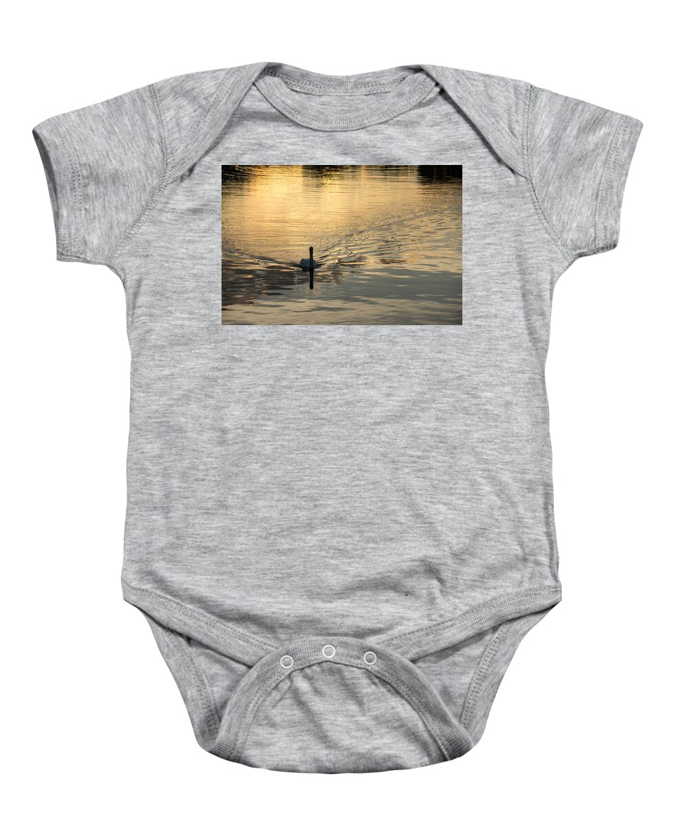 Golden Baby Onesie featuring the photograph Golden Watercolor Ripples - the Gliding Swan by Georgia Mizuleva