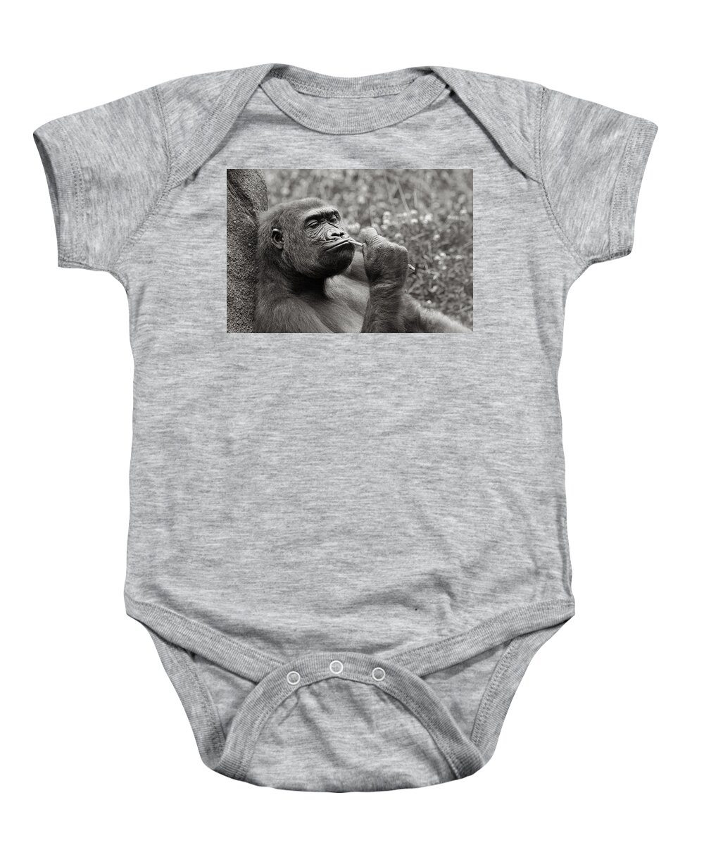 Gorilla Baby Onesie featuring the photograph Gorilla Deep in Thought - Black and White by Angela Rath