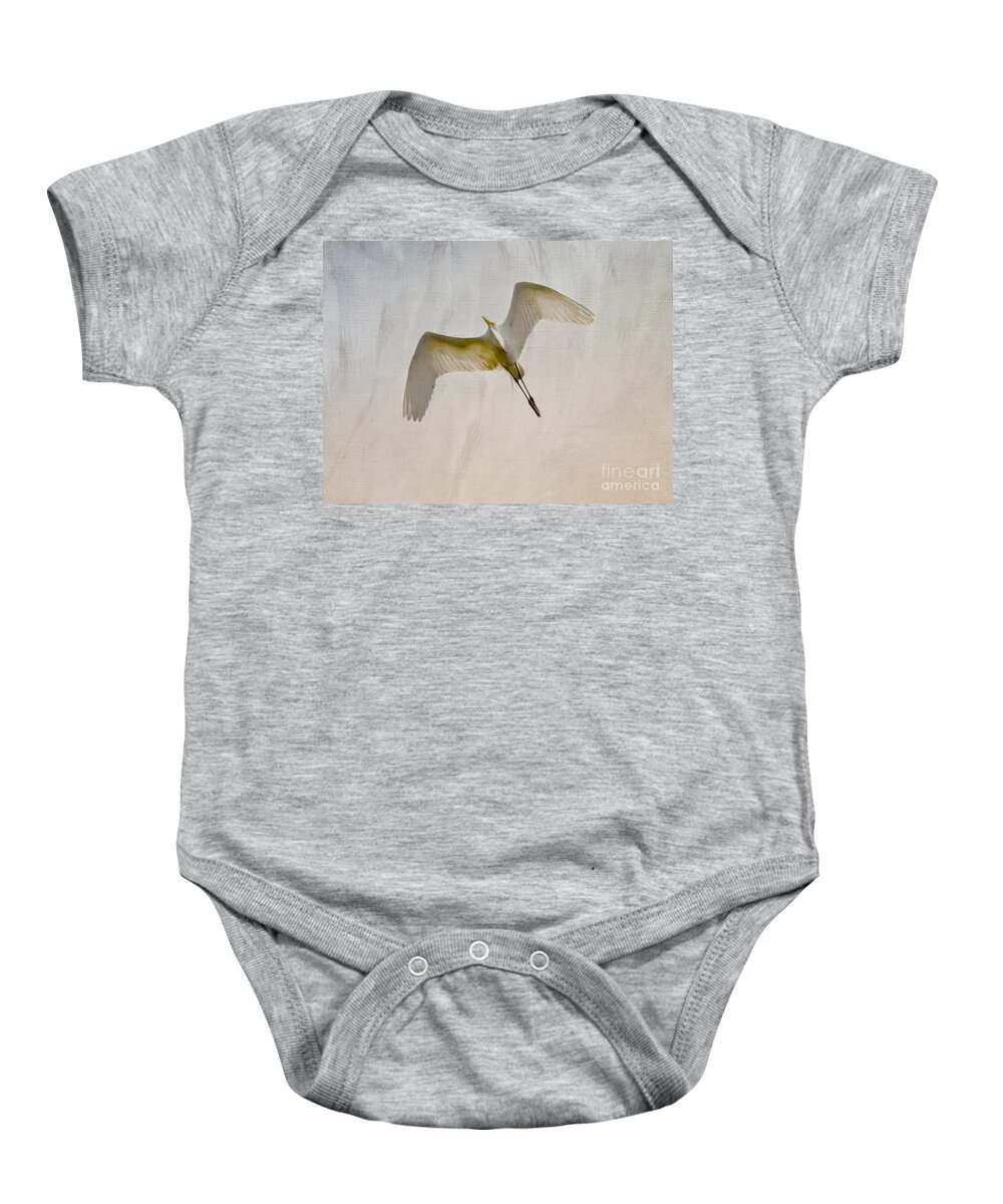 Egret Baby Onesie featuring the photograph Great Egret Sky Ballet by Kerri Farley