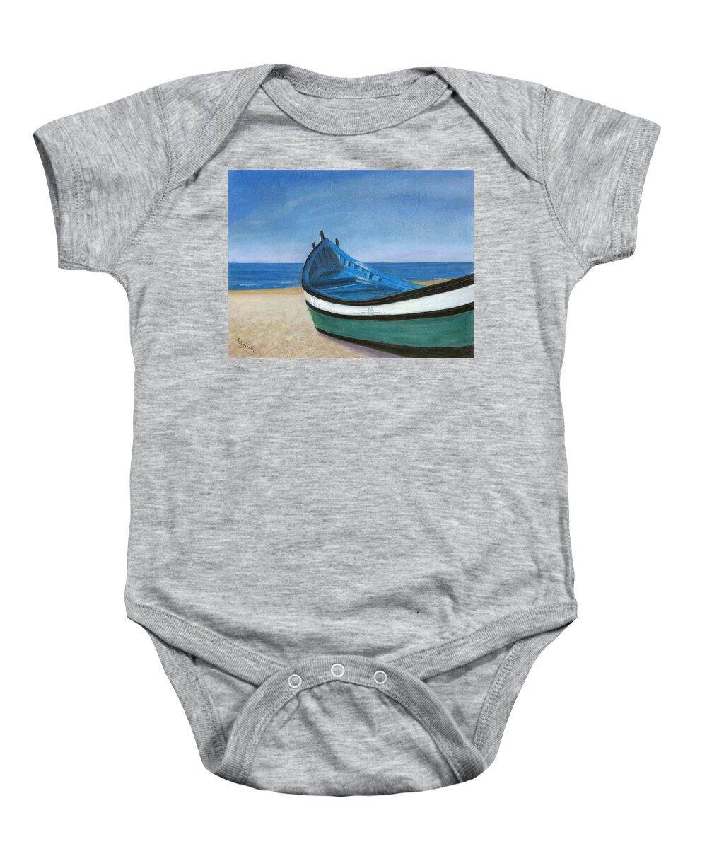 Boat Baby Onesie featuring the painting Green Boat Blue Skies by Arlene Crafton