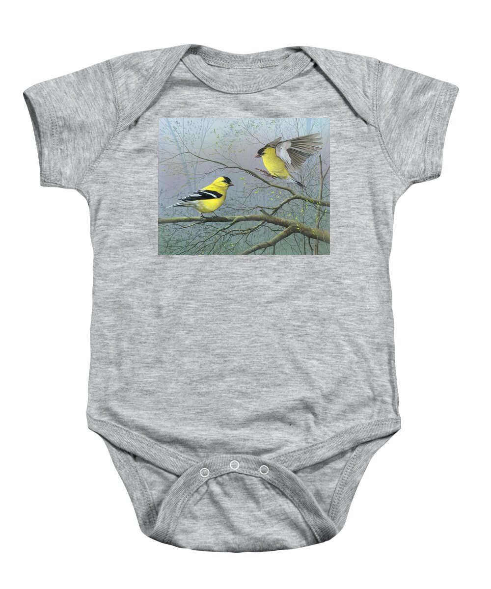 American Goldfinch Baby Onesie featuring the painting Greetings My Friend by Mike Brown
