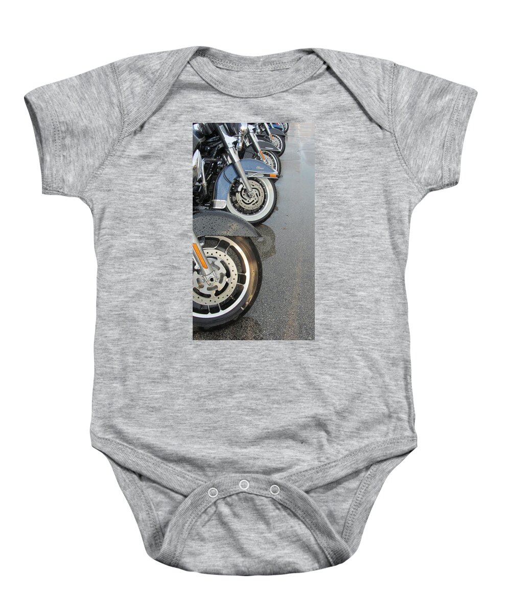 Motorcycles Baby Onesie featuring the photograph Harley Line Up Rain by Anita Burgermeister