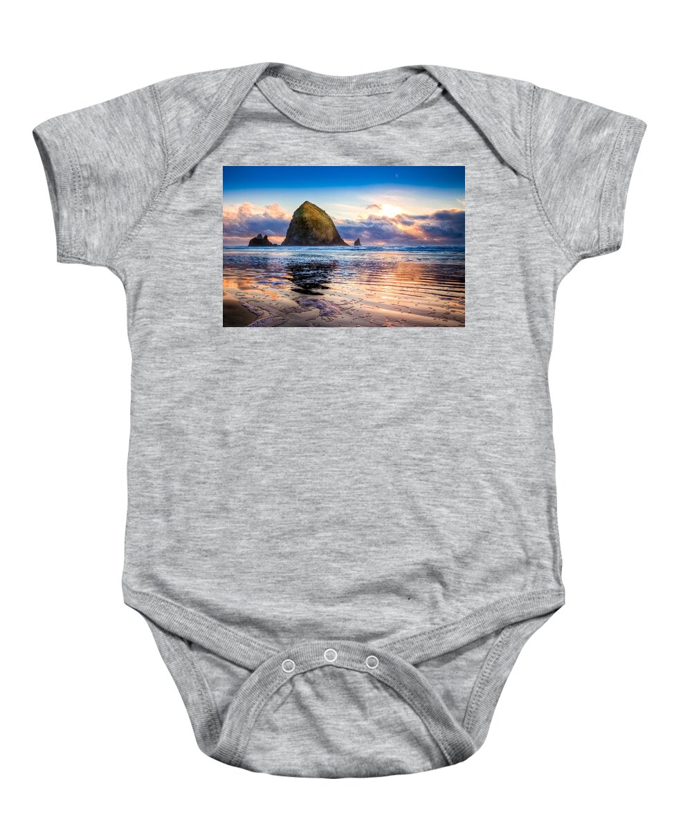 Oregon Baby Onesie featuring the photograph Haystack Rock by Niels Nielsen
