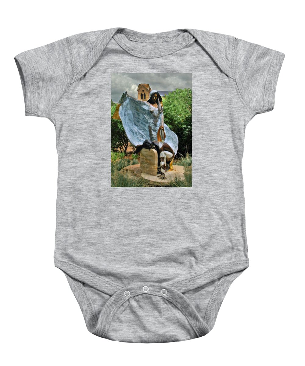 Santa Fe Baby Onesie featuring the photograph He Who Fights With a Feather Statute in Santa Fe by Ginger Wakem