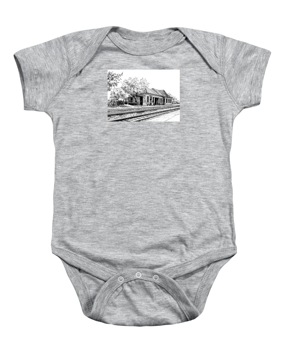 Train Baby Onesie featuring the drawing Hinsdale Train Station by Mary Palmer