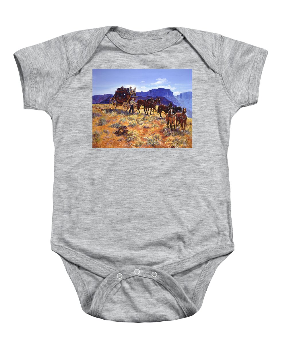 Stagecoach Baby Onesie featuring the painting Hitchin by Page Holland