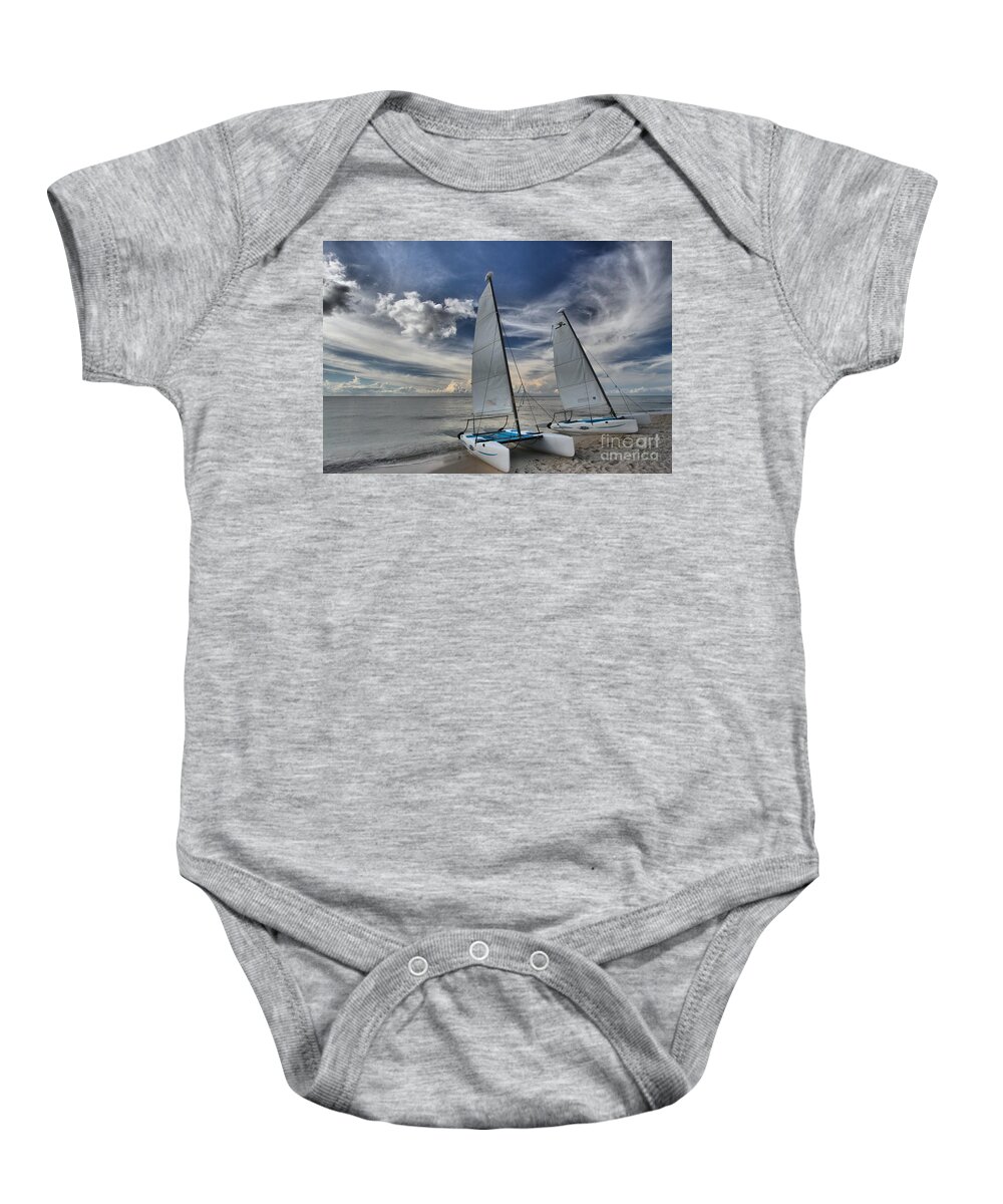Caribbean Ocean Baby Onesie featuring the photograph Hobie Cats On The Caribbean by Adam Jewell