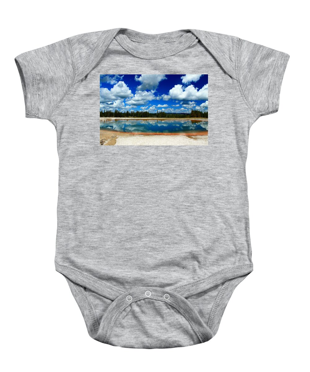 Yellowstone National Park Baby Onesie featuring the photograph Hot Springs and Clouds by Catie Canetti