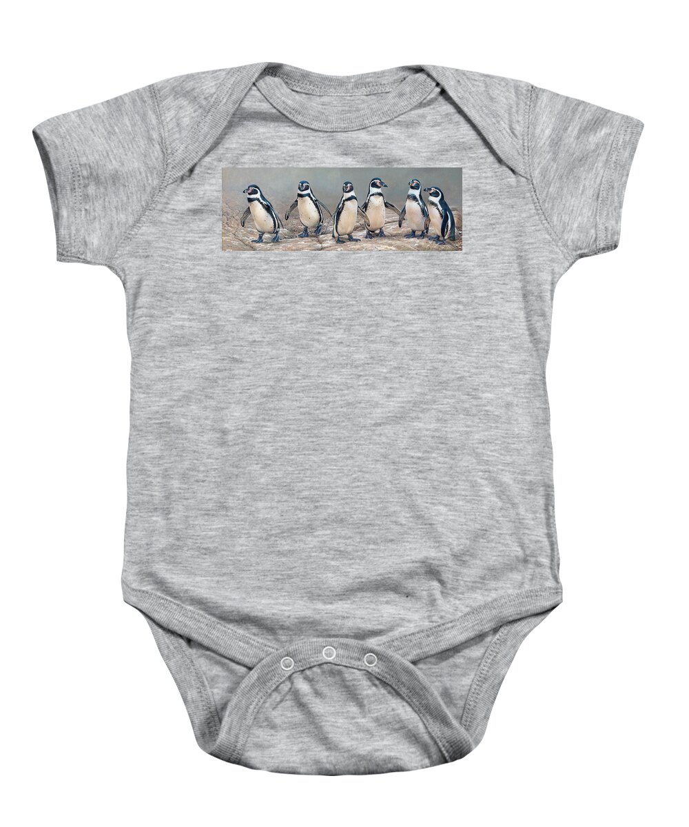 Animal Baby Onesie featuring the photograph Humboldt Penguins Standing In A Row by Ikon Ikon Images