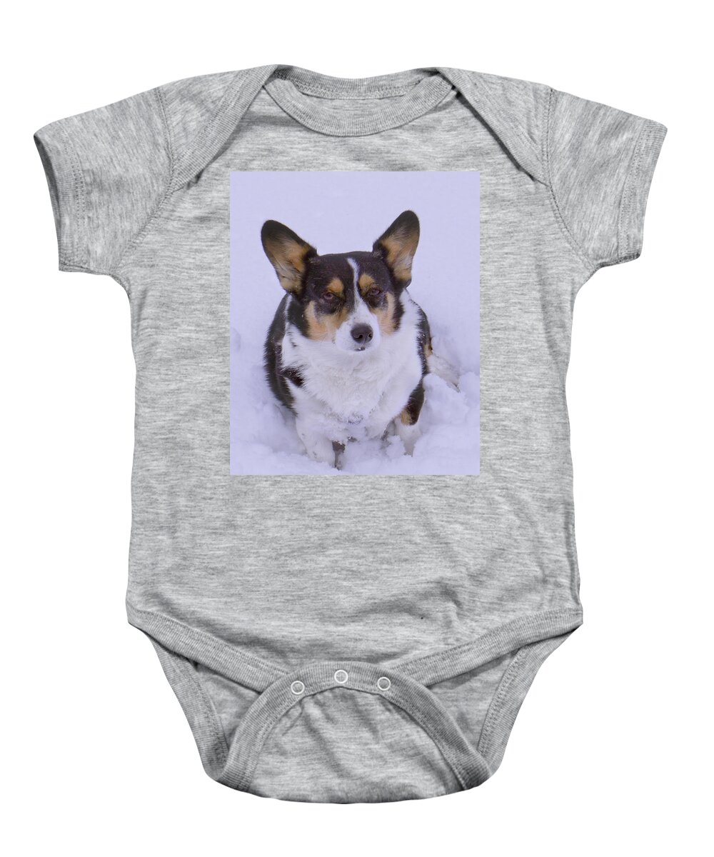 Corgi Baby Onesie featuring the photograph I Do Not Like Snow by Mike McGlothlen