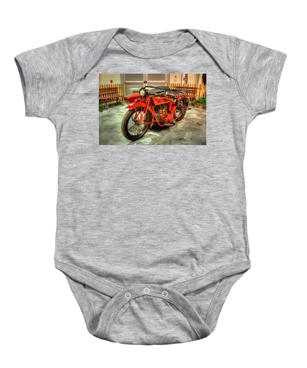 Indian Baby Onesie featuring the photograph Indian Motorcycle with Sidecar by David Dufresne