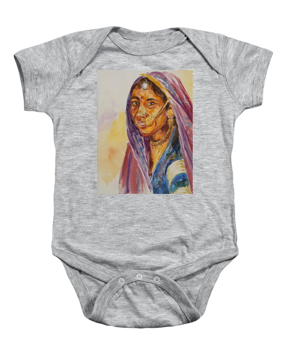 Rajasthani Woman Baby Onesie featuring the painting Innocent smile by Jyotika Shroff