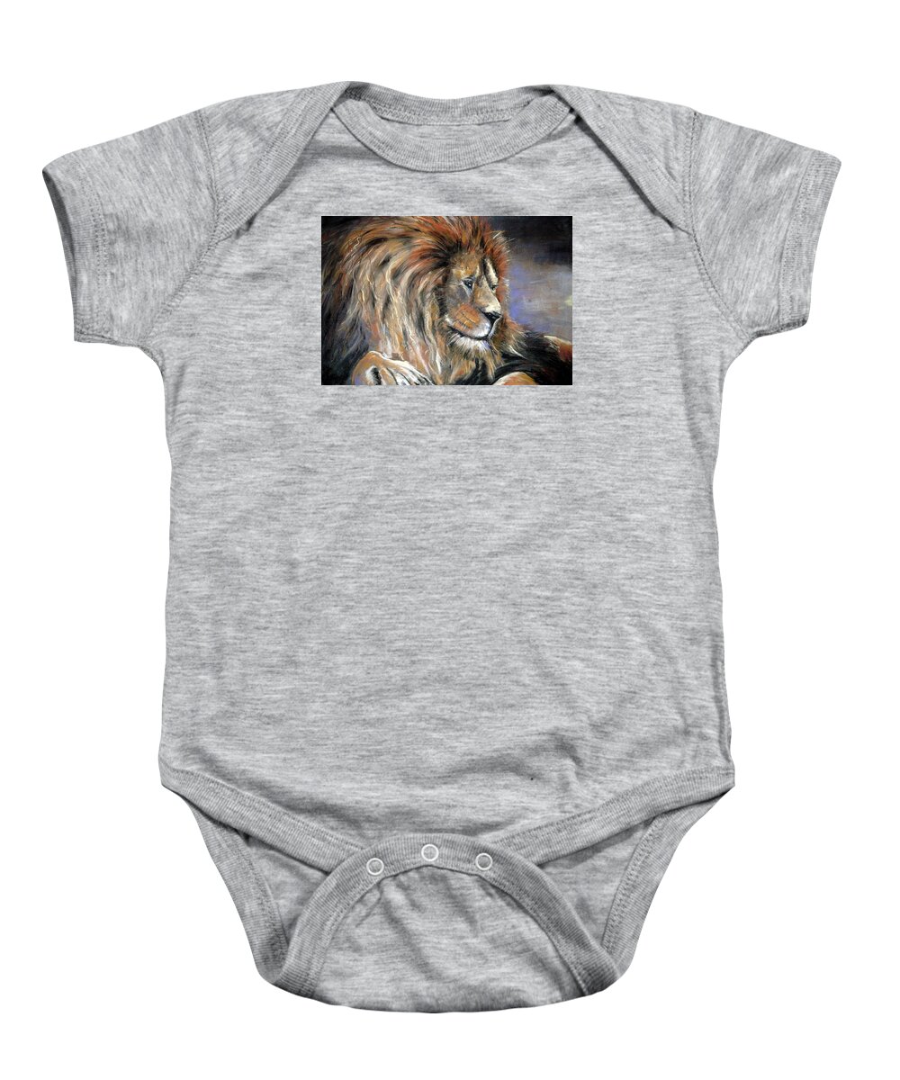 Lion Baby Onesie featuring the painting It's Good to be King by Jim Fronapfel