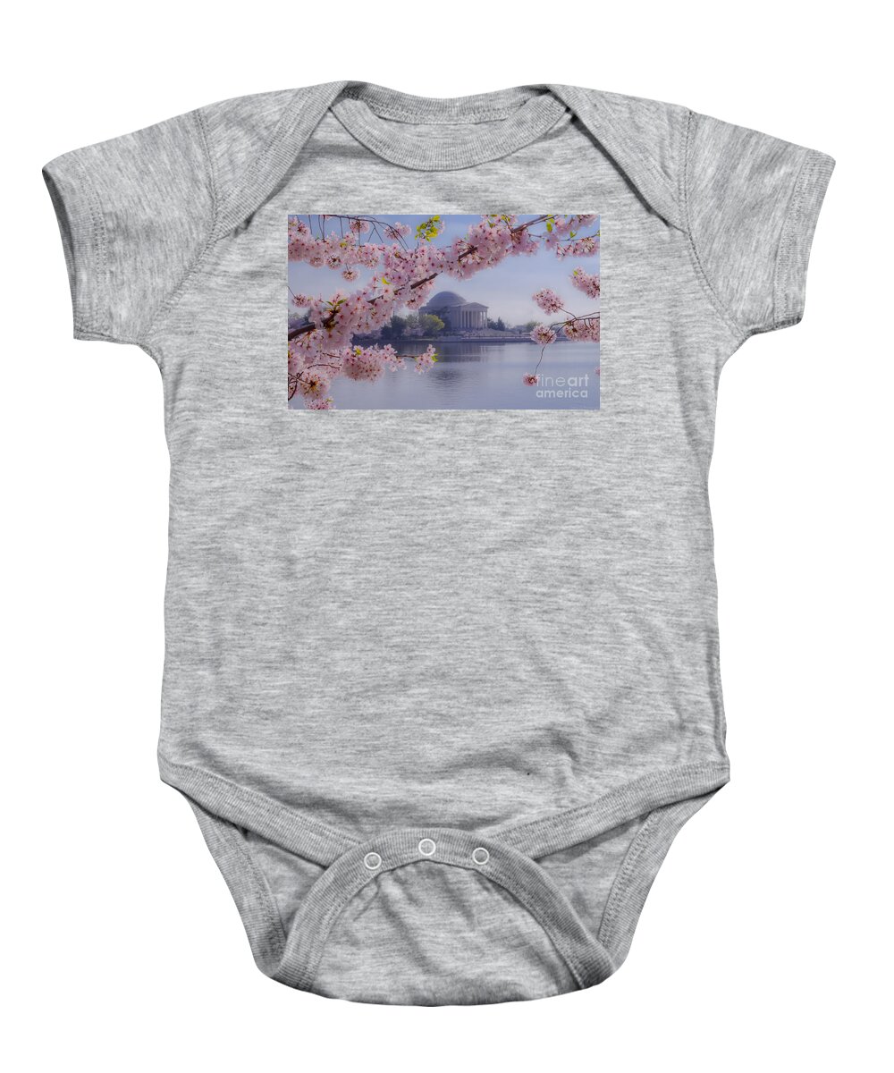 2012 Centennial Celebration Baby Onesie featuring the photograph Jefferson Memorial through the Blossoms by Jeff at JSJ Photography