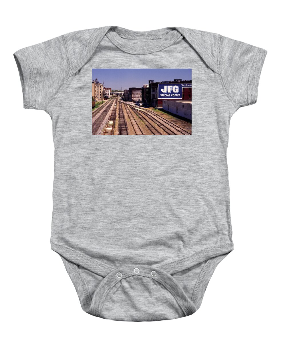 F2-rr-0271 Baby Onesie featuring the photograph JFG Coffee and Knoxville TN Old Town freight yards by Paul W Faust - Impressions of Light