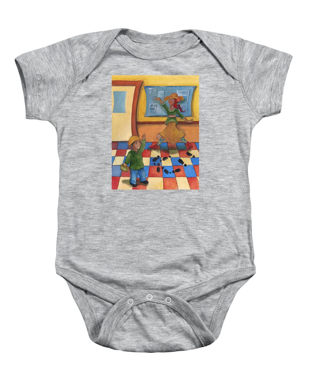 Storybook Collection Baby Onesie featuring the painting Jhonan and his Teacher by Stephanie Broker