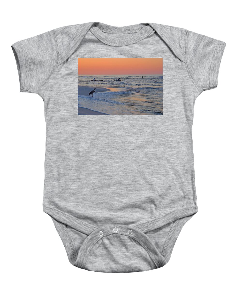 Palm Baby Onesie featuring the digital art Kayak Fishing with Heron by Michael Thomas