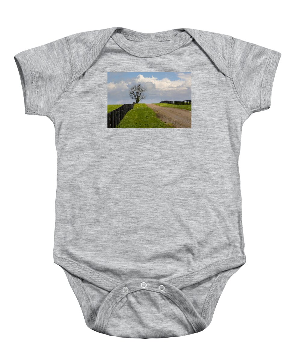 Animal Baby Onesie featuring the photograph Kentucky Horse Farm Road by Jack R Perry