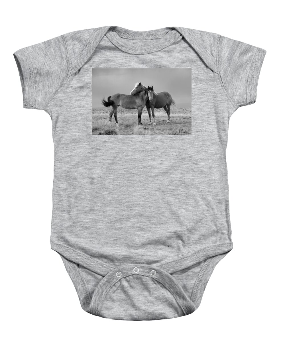Wild Mustangs Baby Onesie featuring the photograph Lean on Me B and W Wild Mustang by Rich Franco