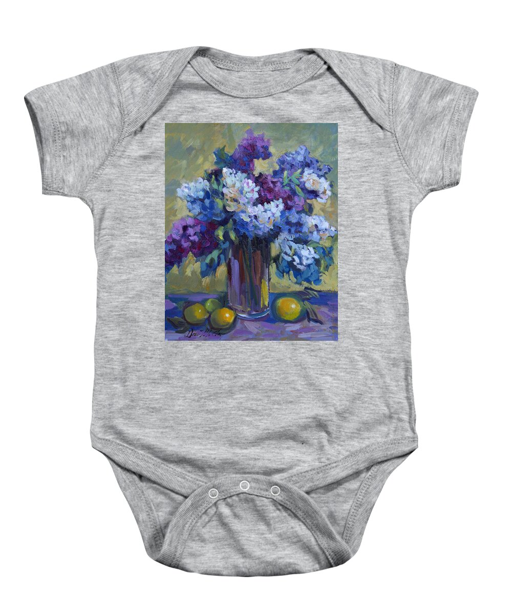Still Life Baby Onesie featuring the painting Lemons and Lilacs by Diane McClary