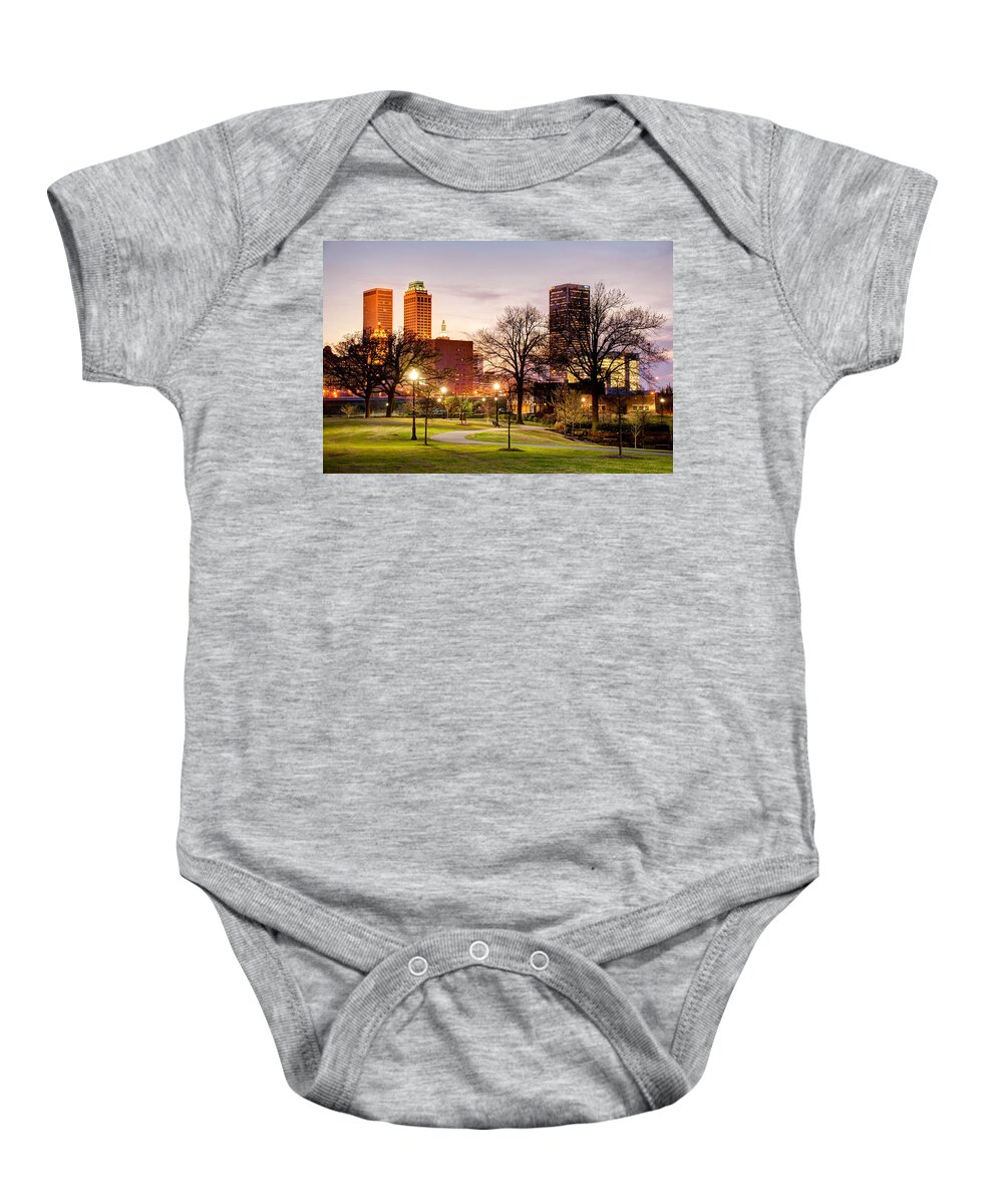 Veterans Park Baby Onesie featuring the photograph Lighted Walkway to the Tulsa Oklahoma Skyline by Gregory Ballos