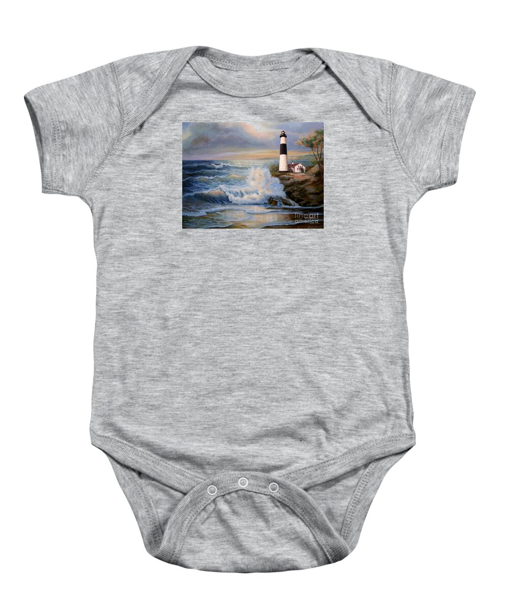  Big Sable Point Michigan Lighthouse Oil Painting Baby Onesie featuring the painting Big Sable Point Lighthouse with crashing waves by Regina Femrite