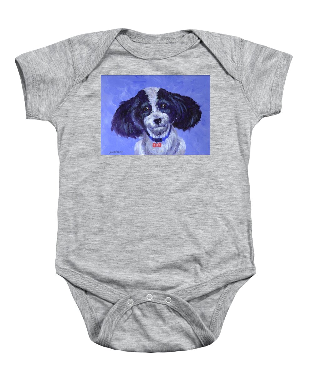 Dog Baby Onesie featuring the painting Little Dog Blue by Richard De Wolfe