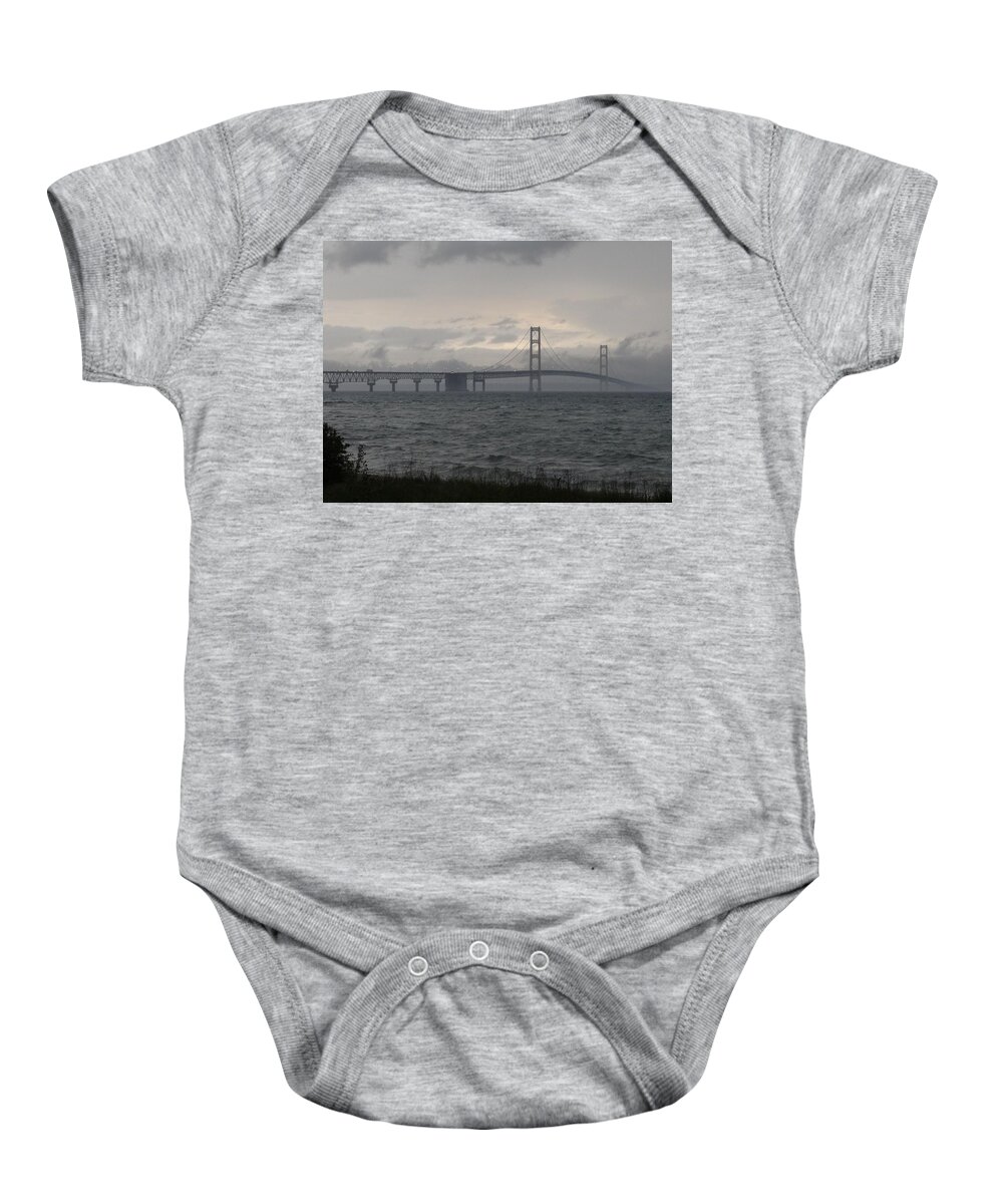 Michigan Baby Onesie featuring the photograph Mackinac Bridge in the Rain by Keith Stokes