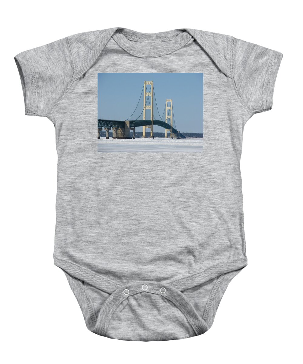 Mackinac Bridge Baby Onesie featuring the photograph Mackinac Bridge in Winter by Keith Stokes