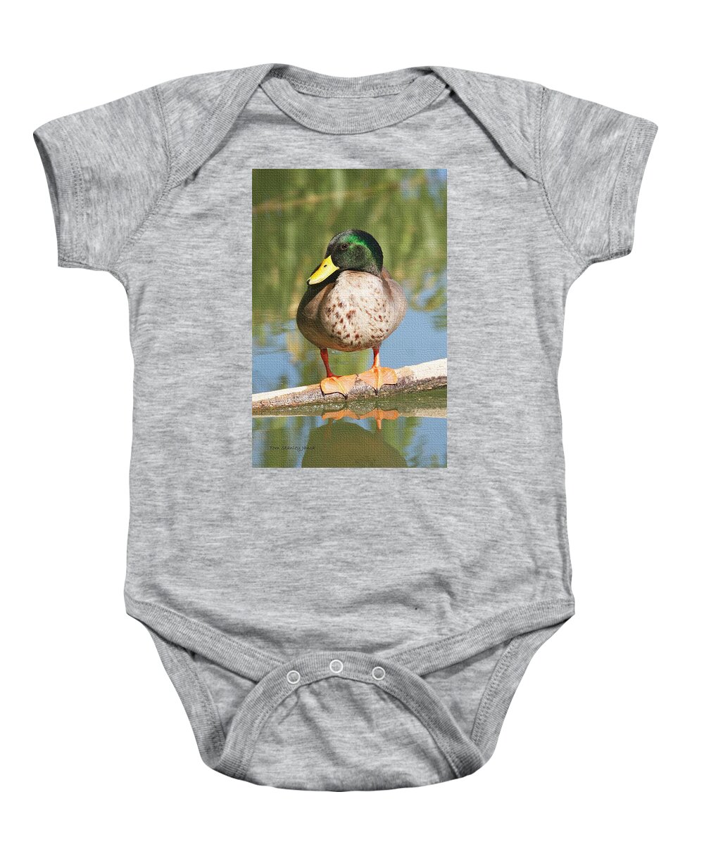 Mallard Duck On Log Baby Onesie featuring the photograph Mallard Duck On Log by Tom Janca