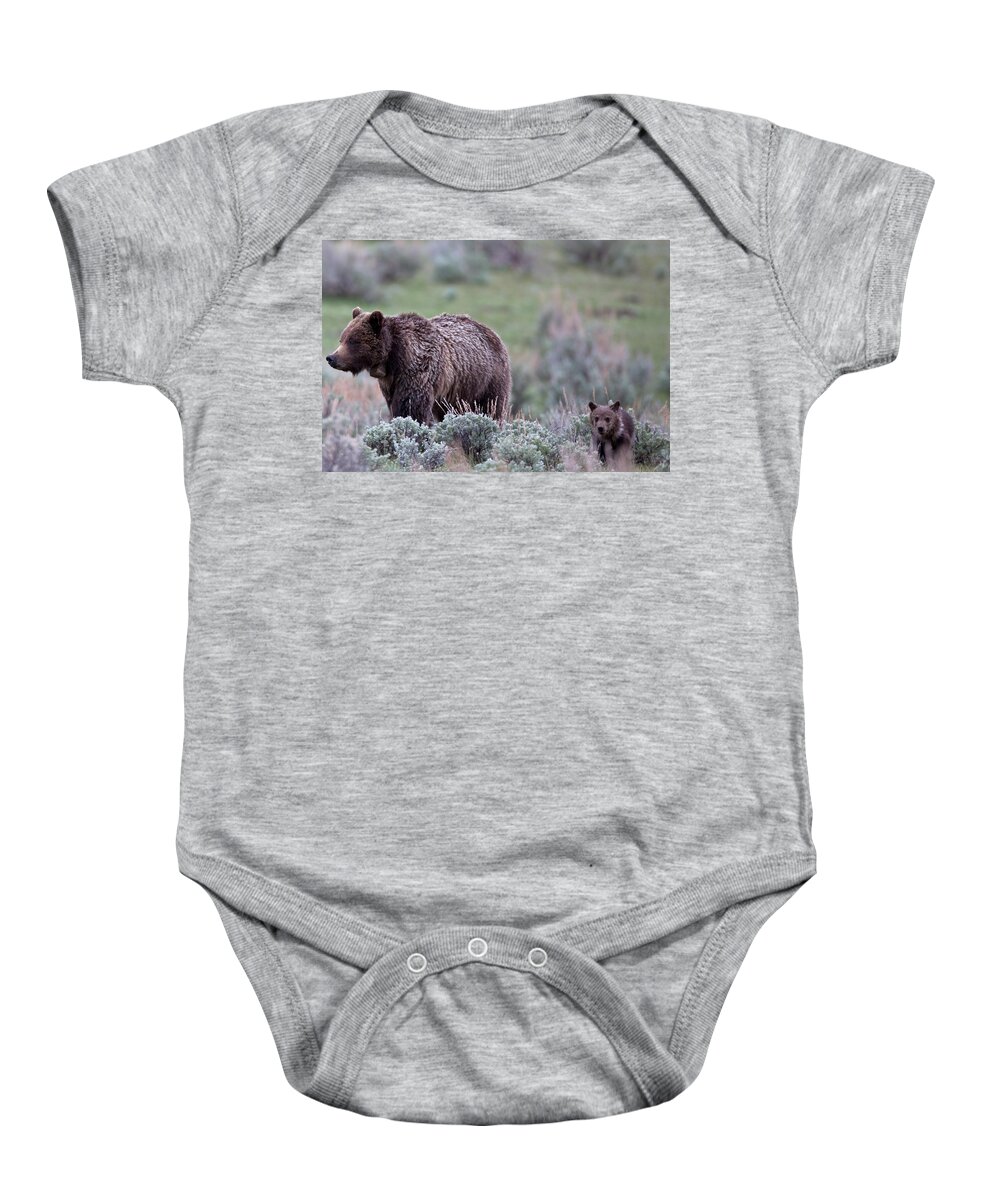 Grizzly Baby Onesie featuring the photograph Mama Grizzly Guiding Cub by Natural Focal Point Photography