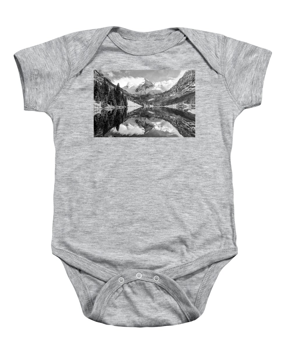 America Baby Onesie featuring the photograph Maroon Bells BW Covered In Snow - Aspen Colorado by Gregory Ballos