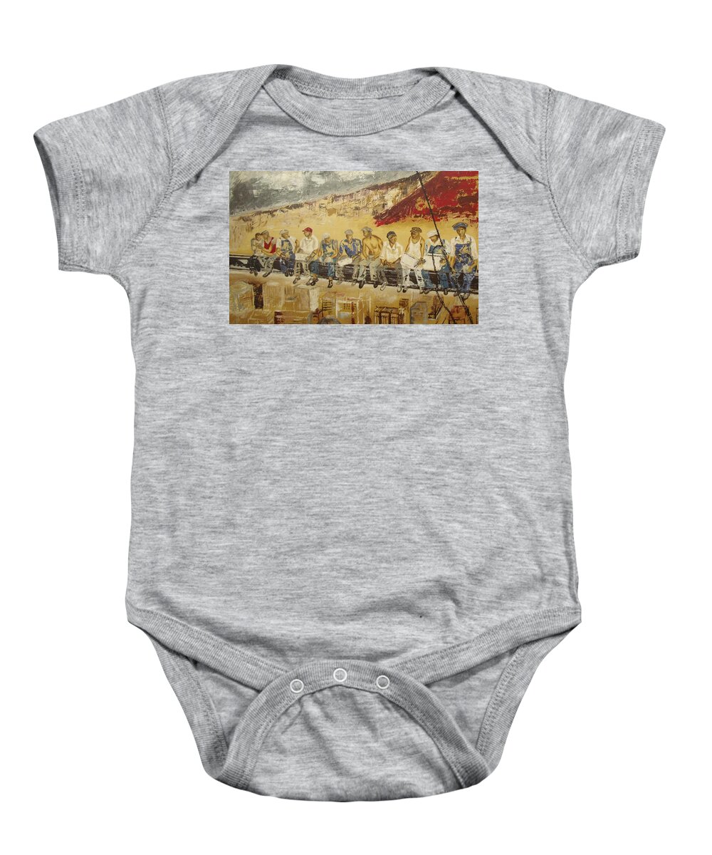 Men At Work Baby Onesie featuring the painting Men at lunch by Sunel De Lange