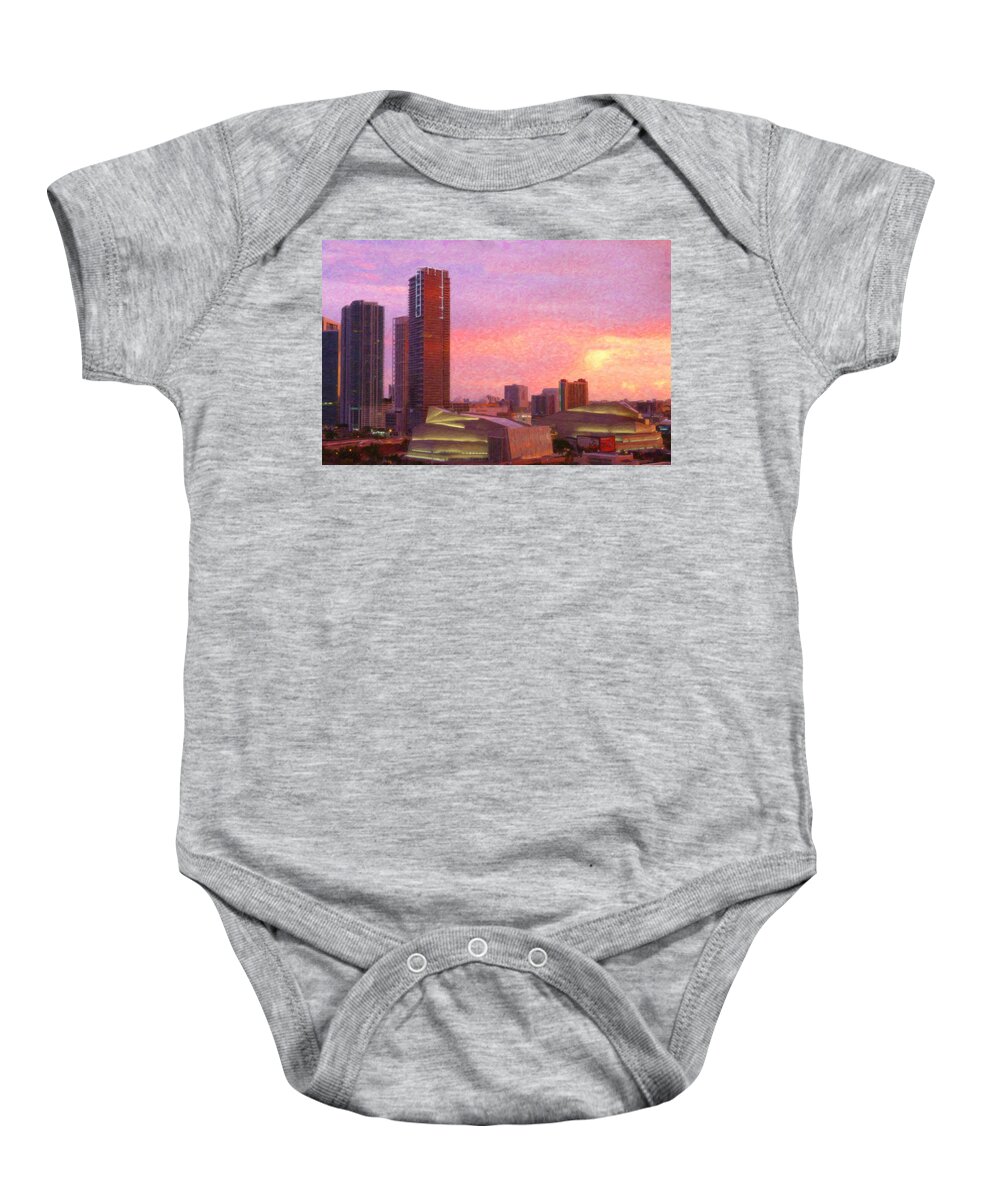 Miami; Fine Art; Florida; Twilight; Cityscape; City; Landscapes; Landscape; Dean; Dean Wittle; Wittle; Dusk; Baby Onesie featuring the painting Miami Skyline at Dusk by Dean Wittle