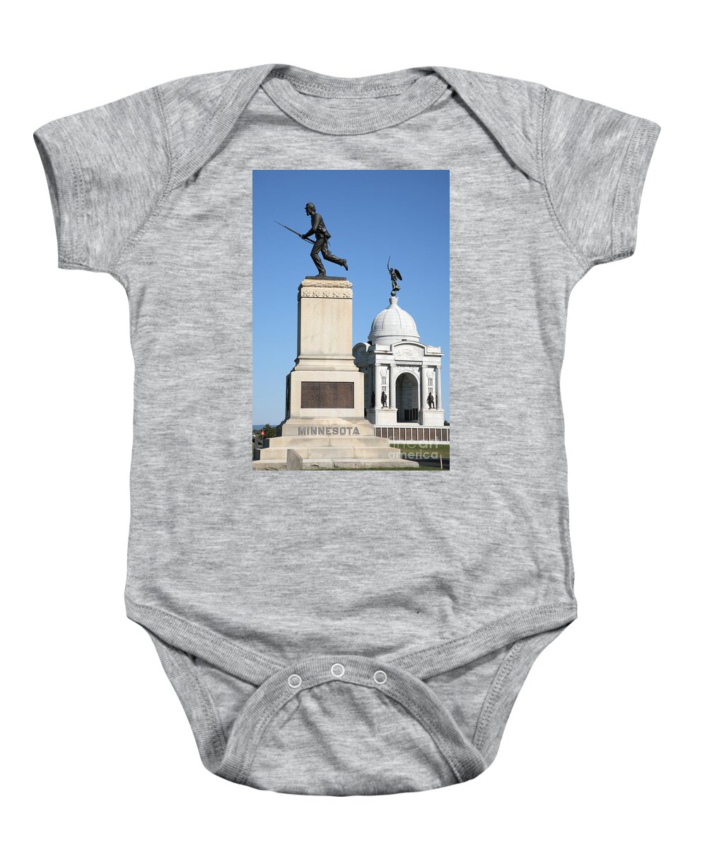 Battle Baby Onesie featuring the photograph Minnesota and Pennsylvania Monuments at Gettysburg by William Kuta