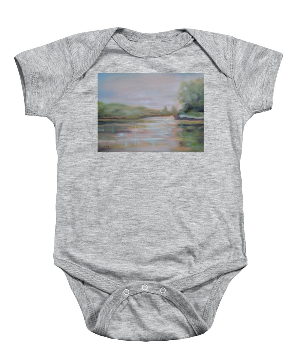 Lake Scene Baby Onesie featuring the painting Morning at the Lake by Donna Tuten
