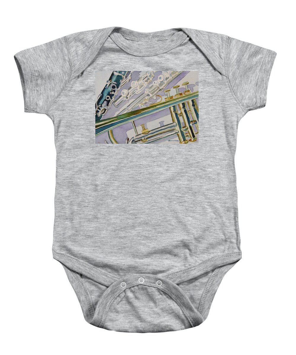 Clarinet Baby Onesie featuring the painting Noon Trio by Jenny Armitage