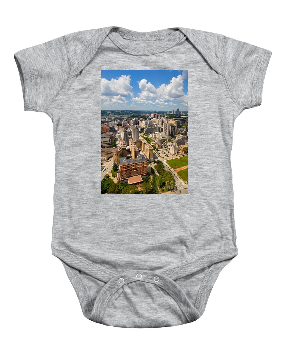 Aerial View Baby Onesie featuring the photograph Oakland Pitt Campus with city of PIttsburgh in the Distance by Amy Cicconi