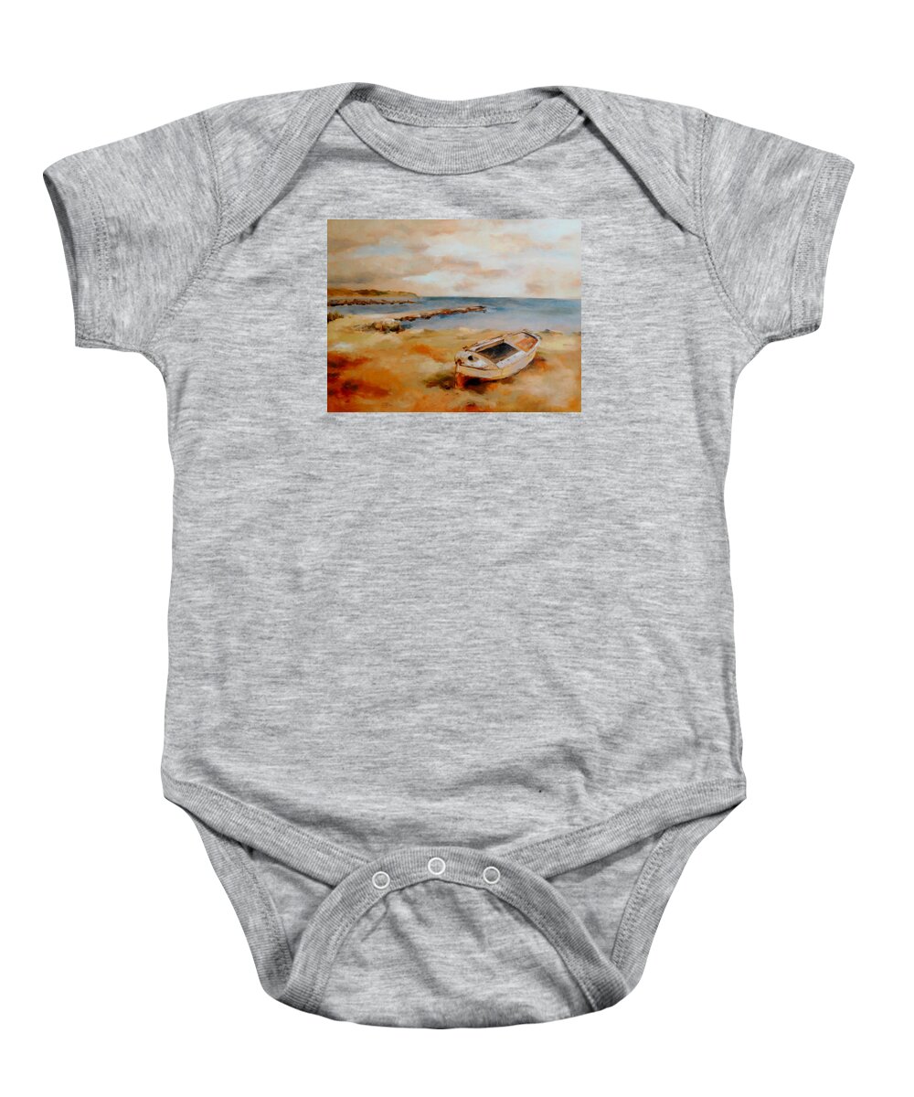 Boat Baby Onesie featuring the painting Old boat near Georgioupolis by Karina Plachetka
