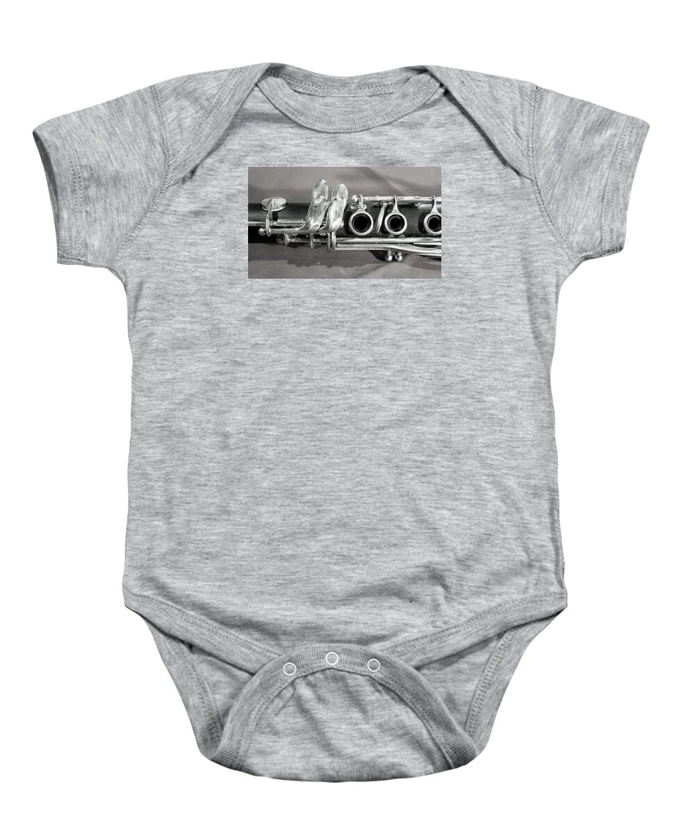 Clarinet Baby Onesie featuring the photograph Old Clarinet Black and White by Photographic Arts And Design Studio